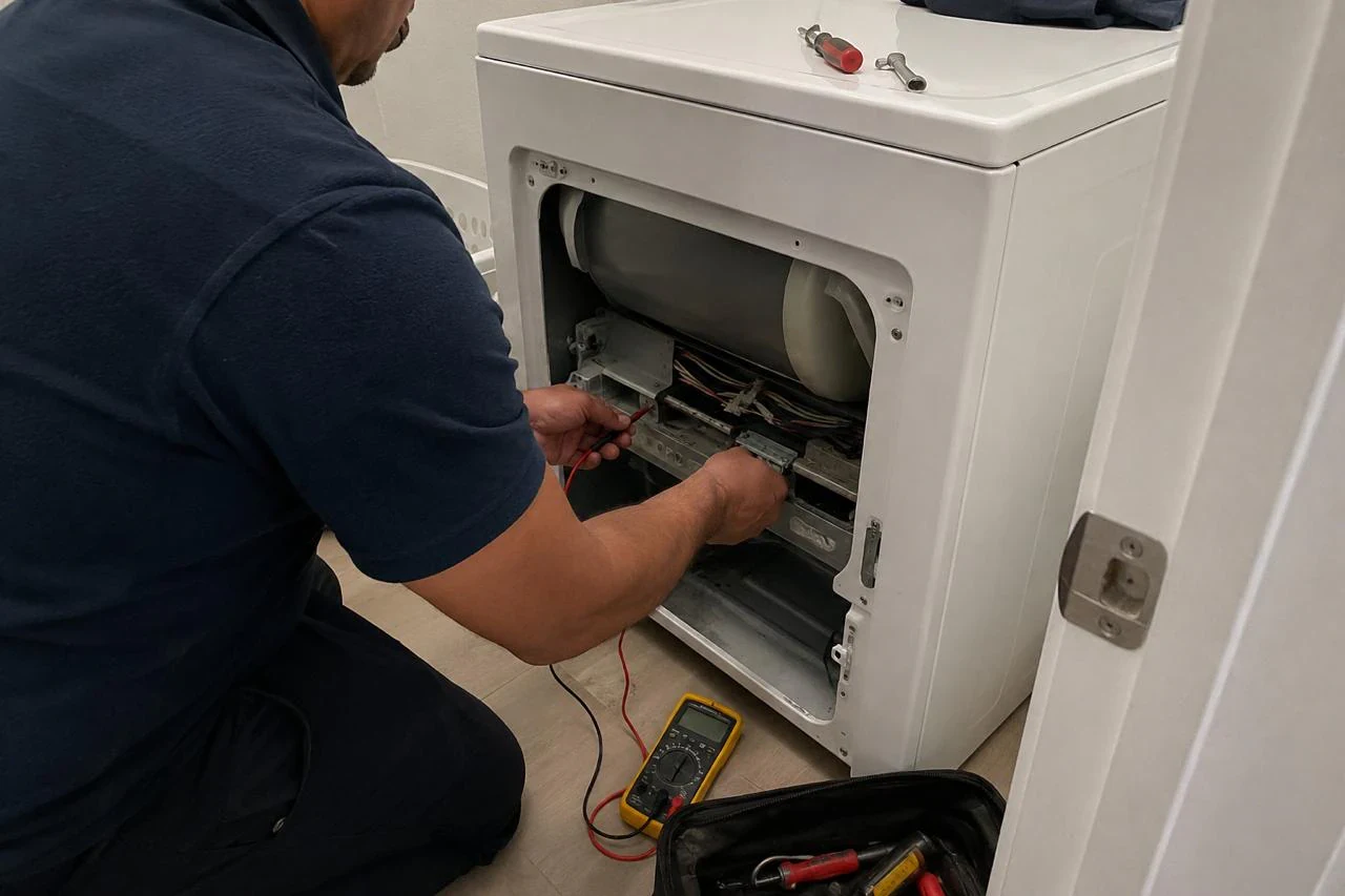 Dryer Repair technician diagnosing a dryer problem