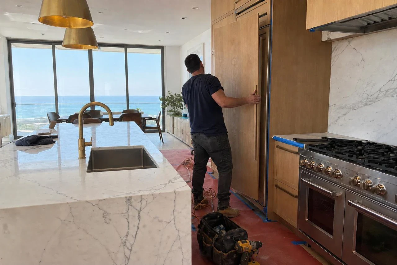 carlsbadappliancerepairservice.com technician diagnosing a refrigerator in a bright San Diego kitchen